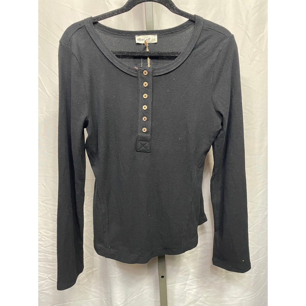 NEW IN Black Ribbed Long Sleeve Henley Button‎ Up Shirt Womens Size L